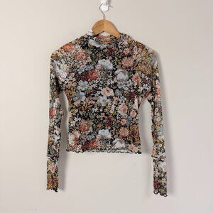 Promesa Autumn Blossoms Mock-Neck Black Floral Mesh Long-Sleeve Top